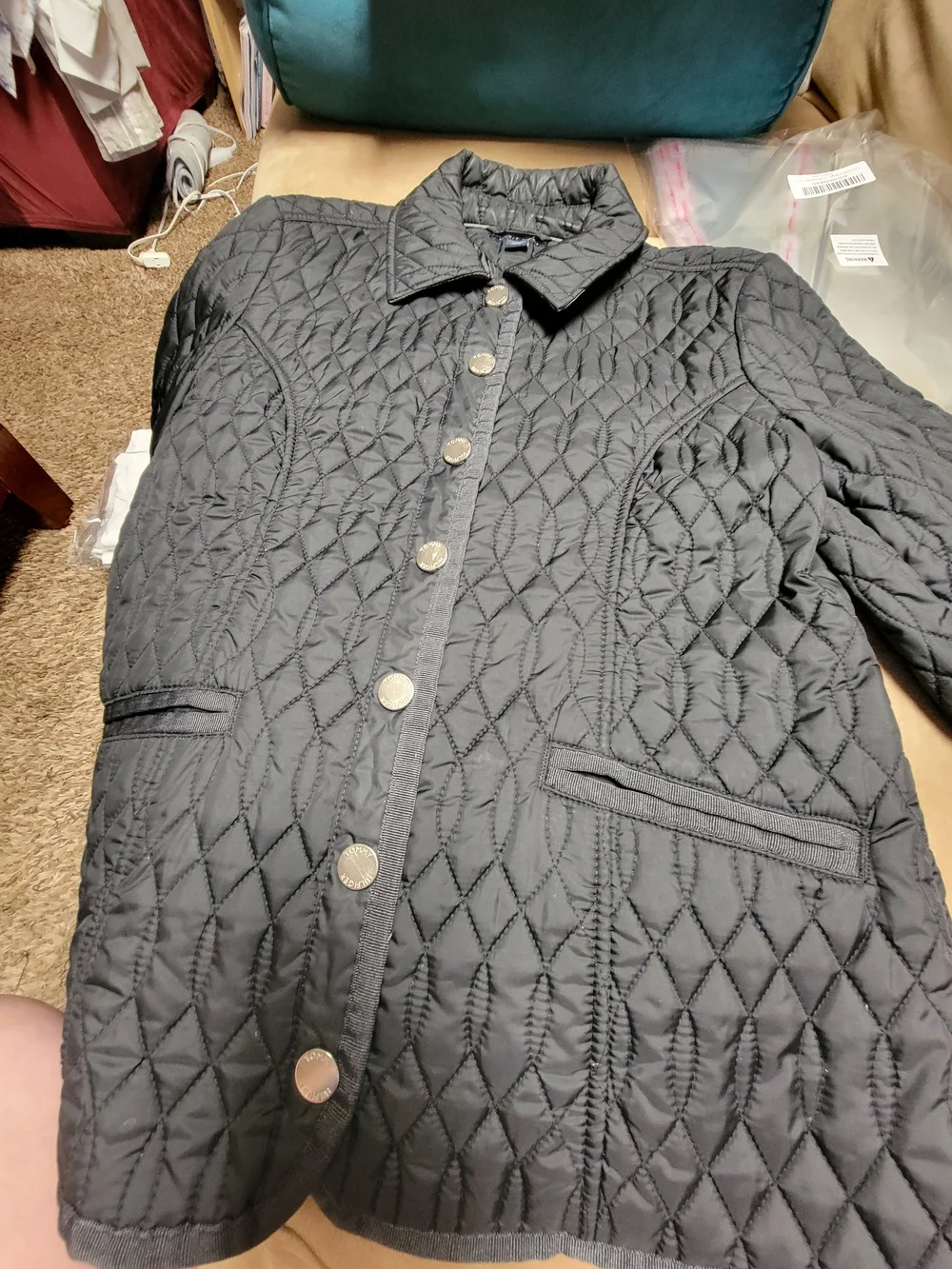Classic Tommy Hilfiger Black Quilted Snap Front Jacket Sz Small